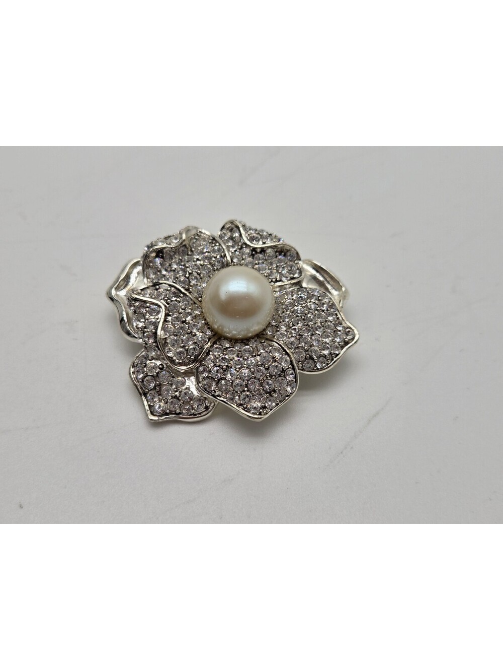 Carolee Silver Tone Rhinestone Flower Brooch Pin Faux Pearl Floral Statement